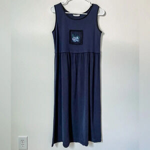 CDC Petites Vintage 90s Maxi Dress 12 Blue Mixed Media Art Deco Cottage Prairie